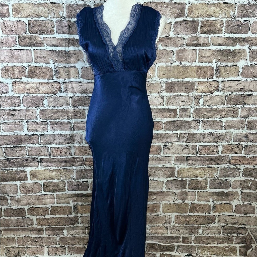 MNG Women's Midnight Siren Blue Lace Trim Maxi Dress Sleeveless Evening Gown XS